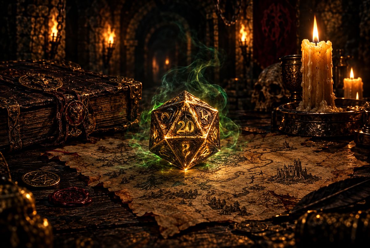 A glowing golden d20 resting on an ancient parchment map, surrounded by candlelight and green mystical smoke