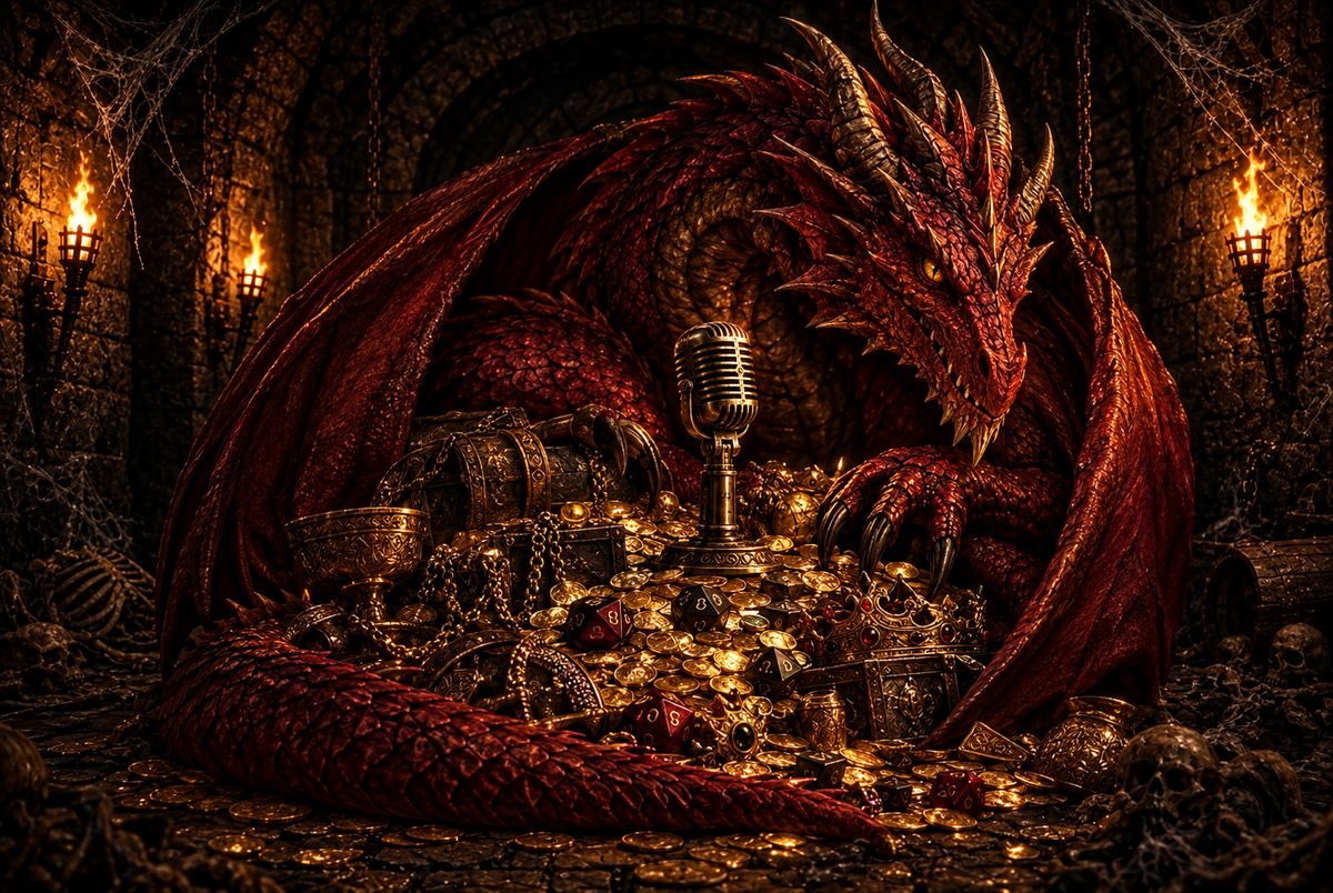 A crimson dragon curled around a hoard of gold coins, dice, and a vintage microphone in a torchlit vault
