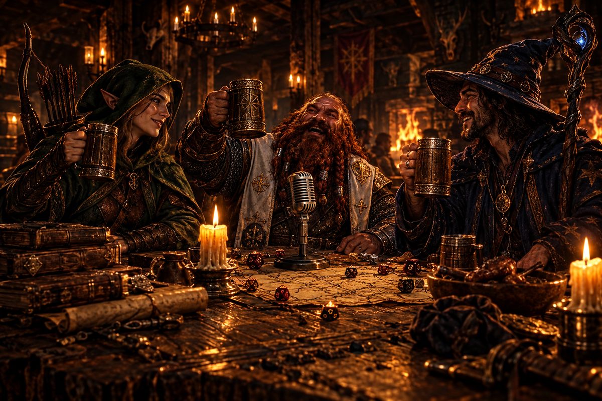 Three adventurers — an elf ranger, a dwarf, and a wizard — rolling dice by candlelight around a tavern table with a broadcast microphone
