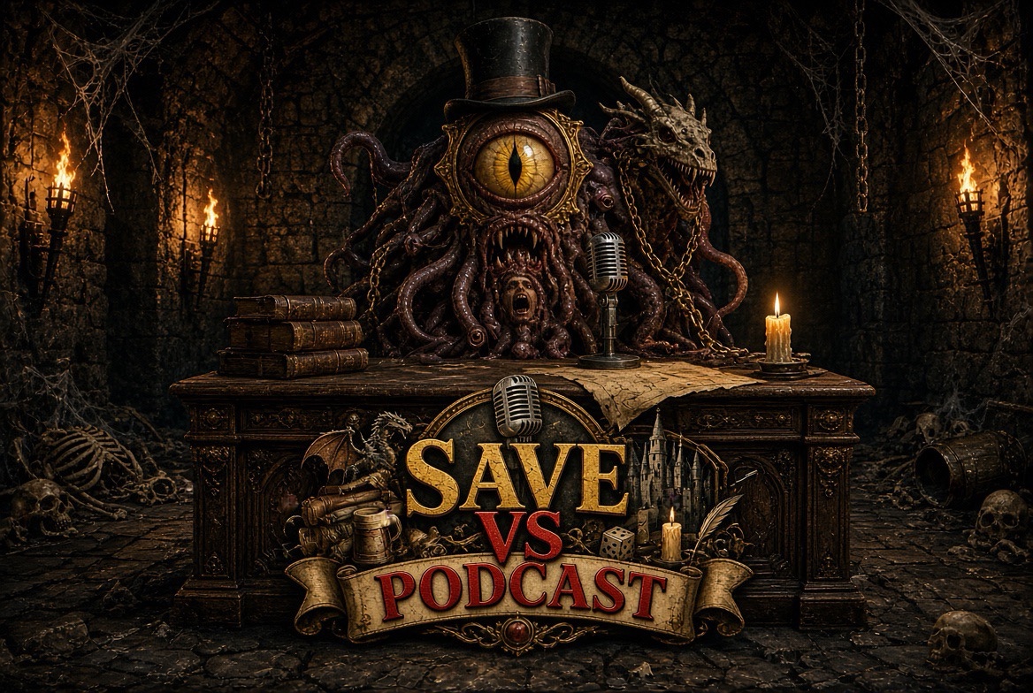 A Beholder podcast host at its ornate desk in a cobwebbed crypt, torchlight flickering over skulls and grimoires